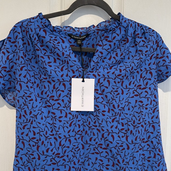 41 Hawthorn Blue and Dark Red Floral Fly Away Short Sleeve Blouse - Picture 3 of 5